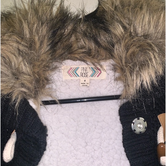 Pink Rose Women's  black and Brown Sweater Vest, Sherpa lined, Faux Fur Collar - Picture 3 of 6